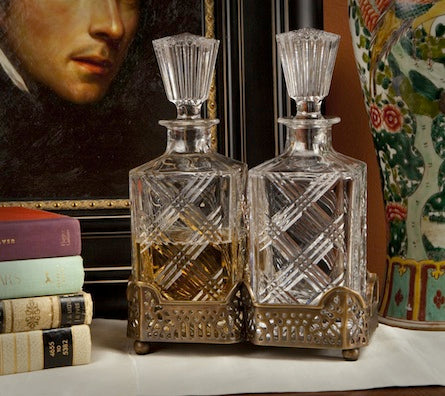 Antique Brass Holder and Crystal Decanters