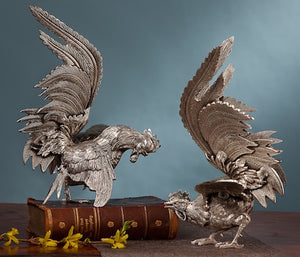 Antiqued Brass Silvered Roosters Set of 2