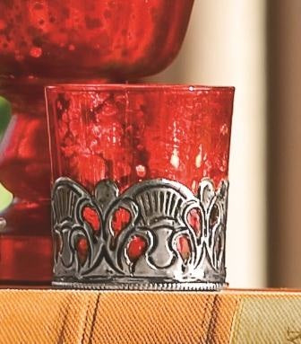 Red Glass Antiqued Silver Base Votive Holder