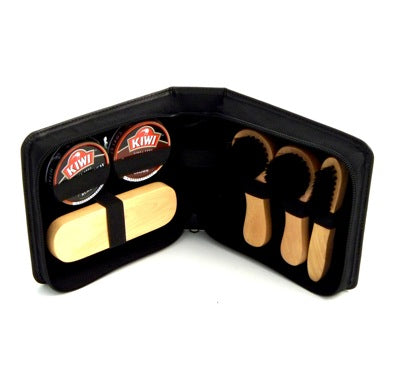 Black Leather Travel Shoe Shine Case –