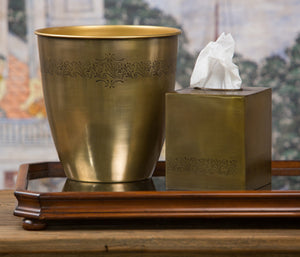 Antiqued Brass Tissue Box and Waste Basket